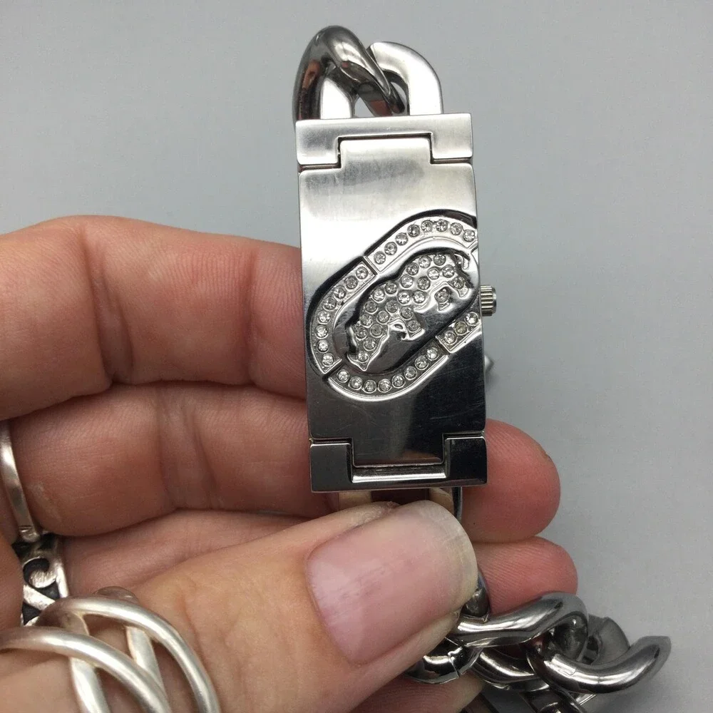 Marc Ecko Flip Up Womens Watch 19mm Rhinestone Logo Chain Band New Battery 8.75